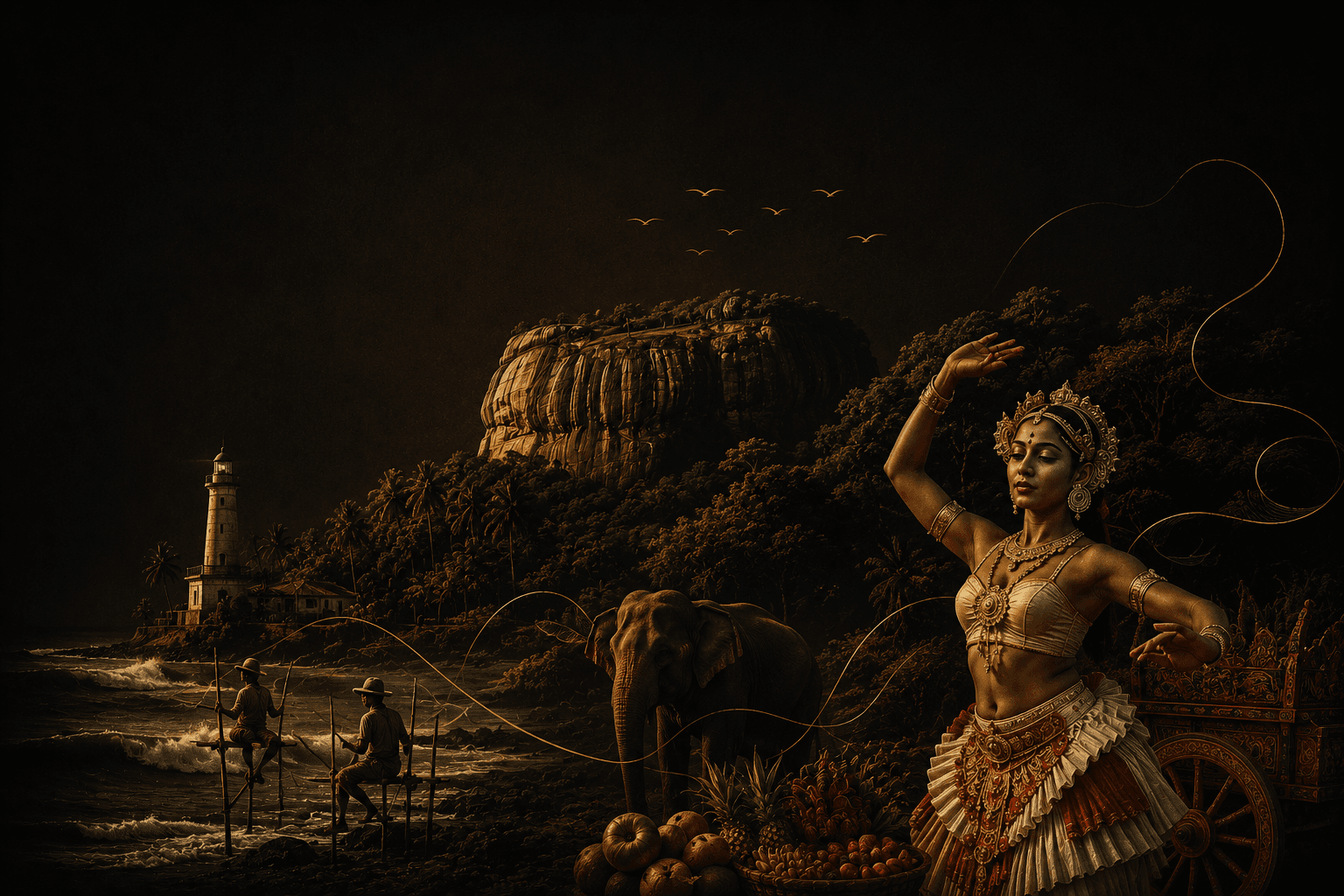 Kandyan dancer with Sigiriya rock fortress — ancient Sri Lanka