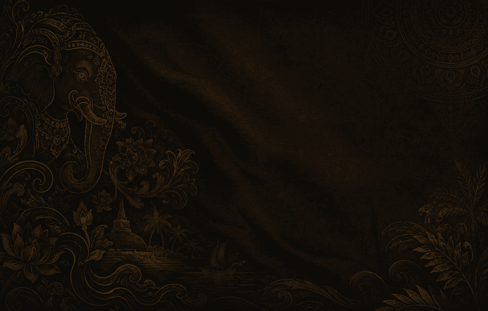 Premium dark fabric with gold Sri Lankan cultural motifs — elephant, lotus, temple scrollwork